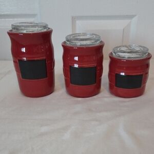Longaberger Red Ceramic Pottery Canister Set with Glass Lids With Seals